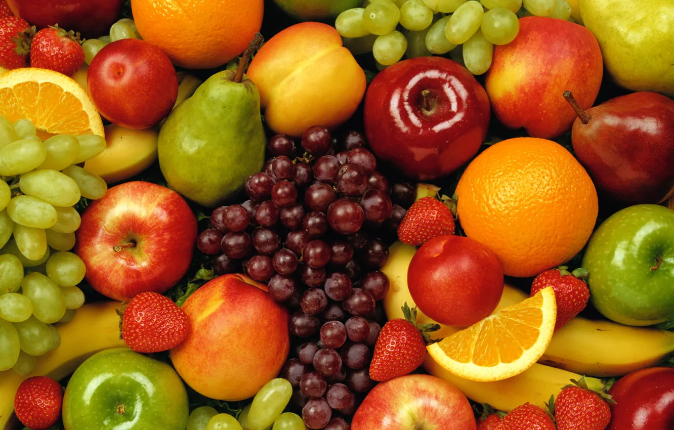 Photo wallpaper oranges, grapes, Fruit, bright