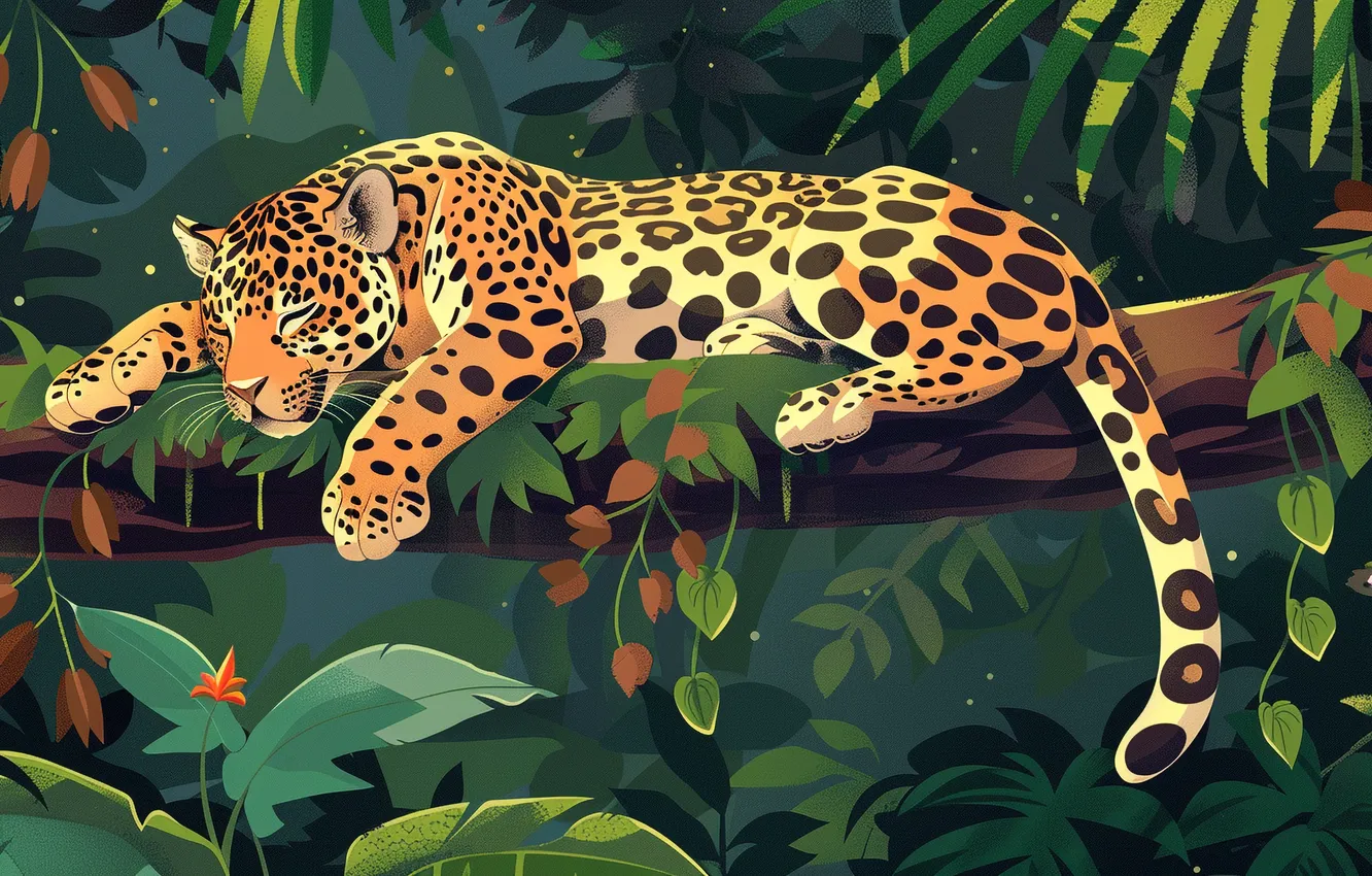 Photo wallpaper leaves, trees, branches, predator, sleeping, Jaguar, big cat, digital art