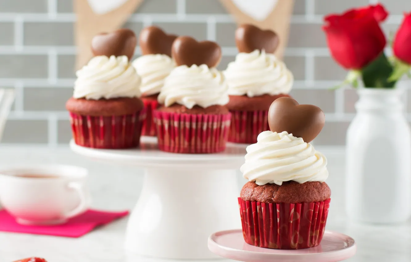 Photo wallpaper chocolate, hearts, cream, cupcakes, cupcake, muffin
