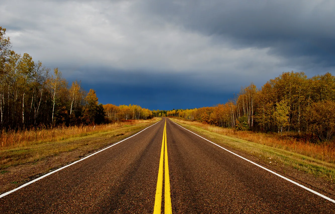 Photo wallpaper road, the sky, trees, clouds, colors, Autumn, road, sky