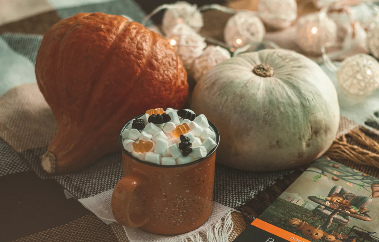 Photo wallpaper autumn, candy, mug, pumpkin, Halloween, book, plaid, garland