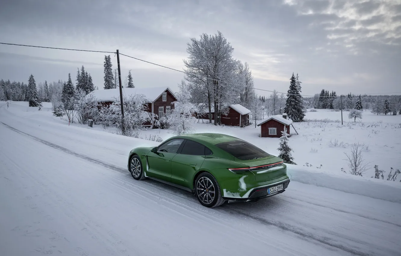 Photo wallpaper road, snow, Porsche, green, structure, 2020, Taycan, Taycan 4S