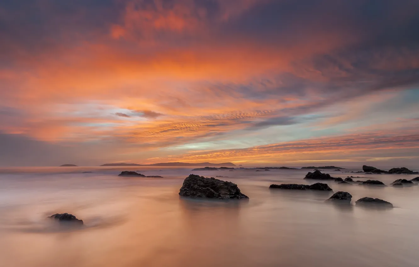 Photo wallpaper sea, the sky, clouds, light, fog, stones, rocks, dawn