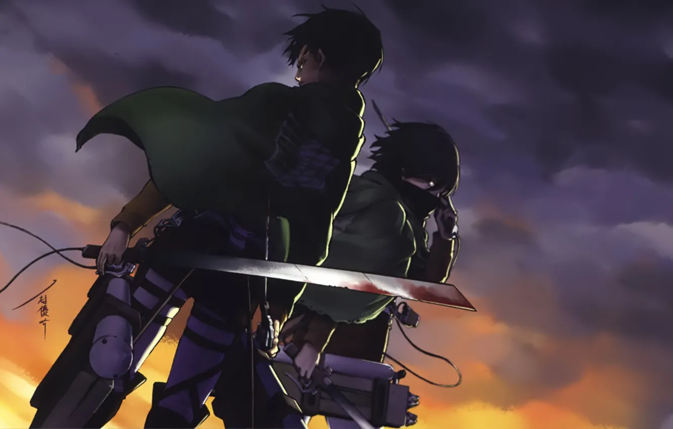 Photo wallpaper blood, emblem, cloak, swords, military uniform, the gray sky, Shingeki no Kyojin, Mikasa Ackerman