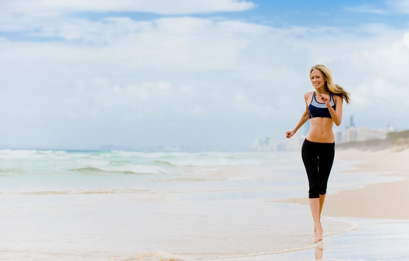 Photo wallpaper girl, smile, sand, run