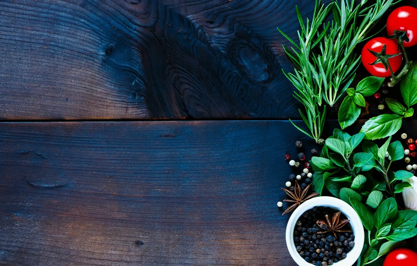 Photo wallpaper grass, trees, table, texture, vegetables, seasoning