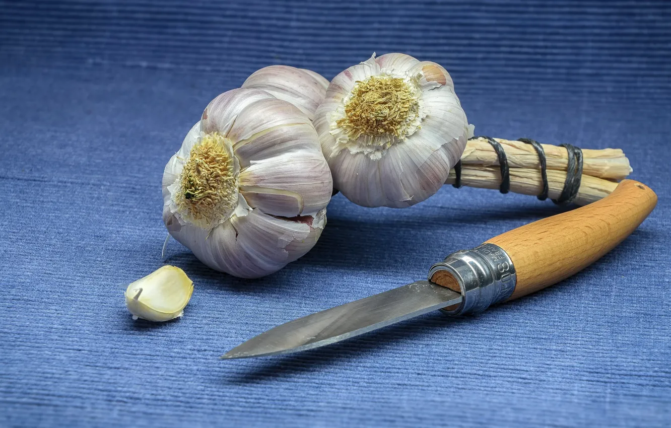 Photo wallpaper table, knife, slices, garlic