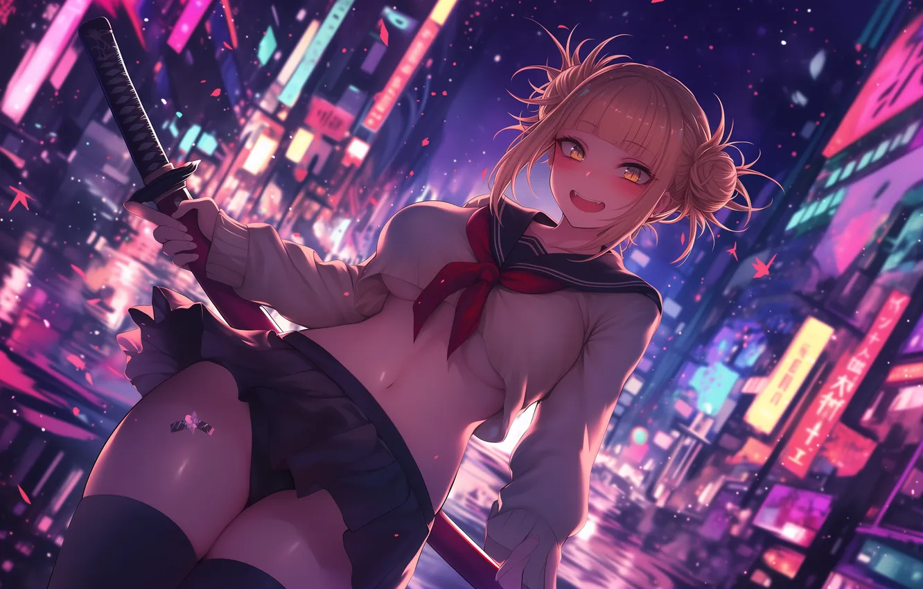 Photo wallpaper anime, art, wallpaper, night city, Neon, night city, My hero Academy, Himiko