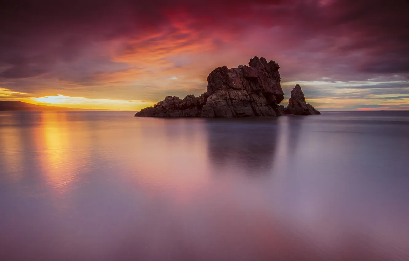 Photo wallpaper sea, clouds, rocks, exposure, dawn, excerpt, Asturias