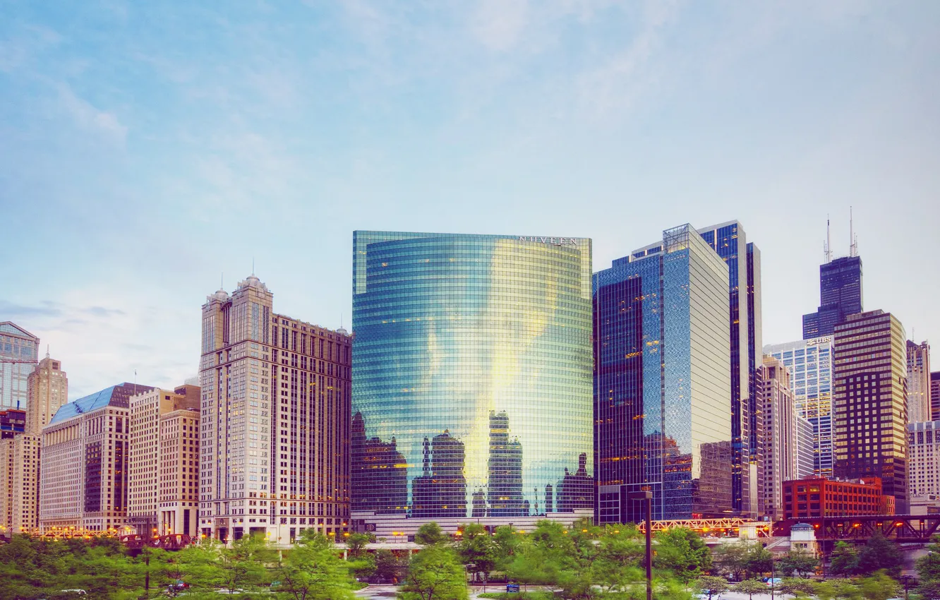 Photo wallpaper the city, dawn, home, skyscrapers, Chicago, Chicago, Illinois