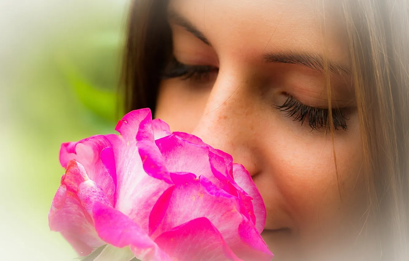 Photo wallpaper girl, flowers, face, eyelashes, portrait