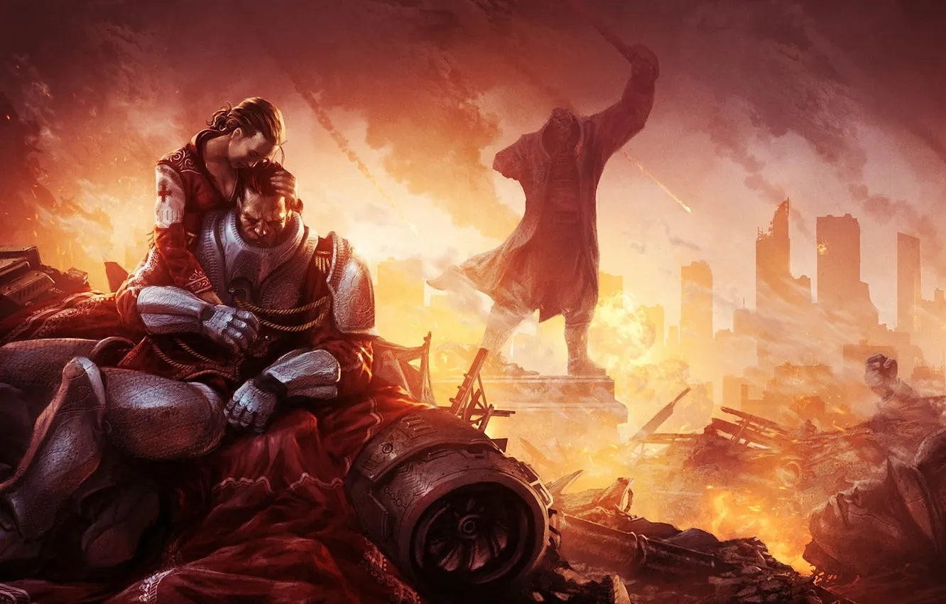 Photo wallpaper girl, the city, monster, cross, warrior, male, battlefield, Echoes of the Endless