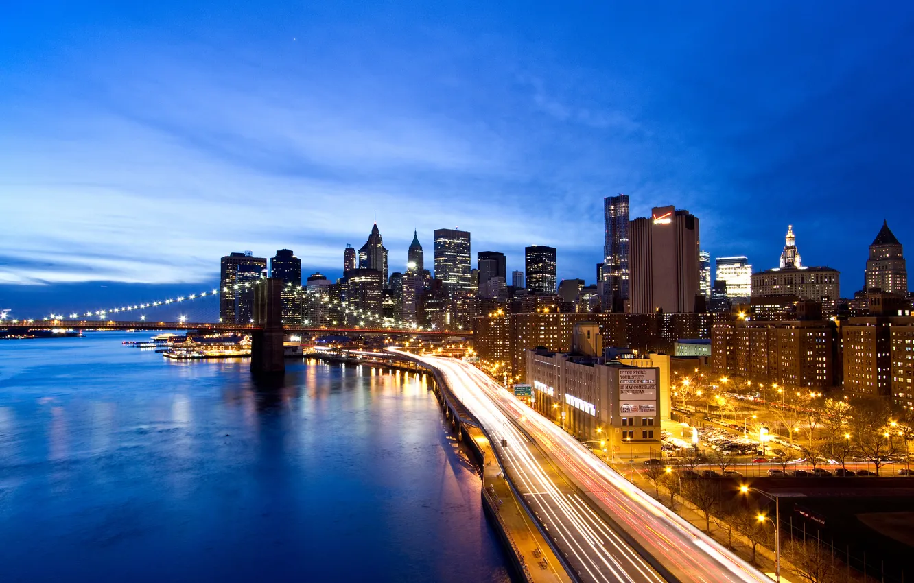 Photo wallpaper bridge, the city, lights, the evening, new York