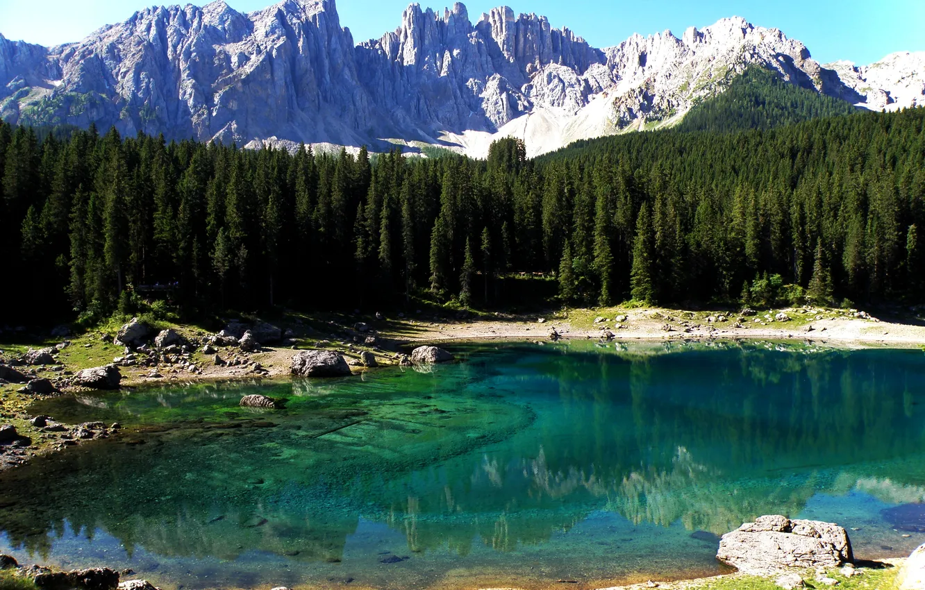 Photo wallpaper mountains, Italy, Italy, lake Carezza, Carezza Lake