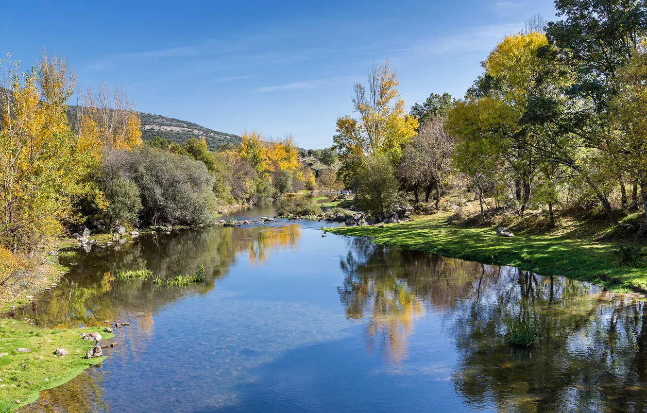 Photo wallpaper autumn, the sky, trees, mountains, river, hills