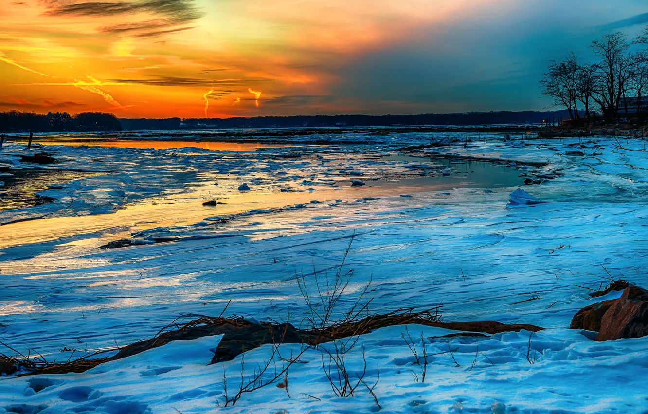 Photo wallpaper the sky, clouds, snow, sunset, stream