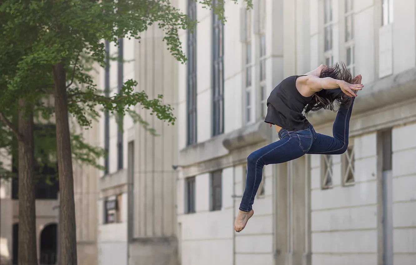 Photo wallpaper girl, jump, dance, jeans, grace