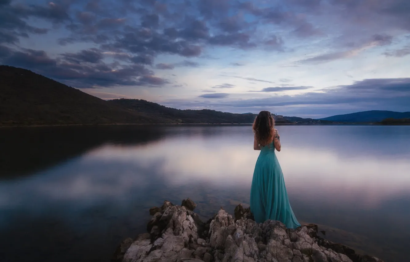 Photo wallpaper the sky, girl, clouds, mountains, nature, pose, lake, stones
