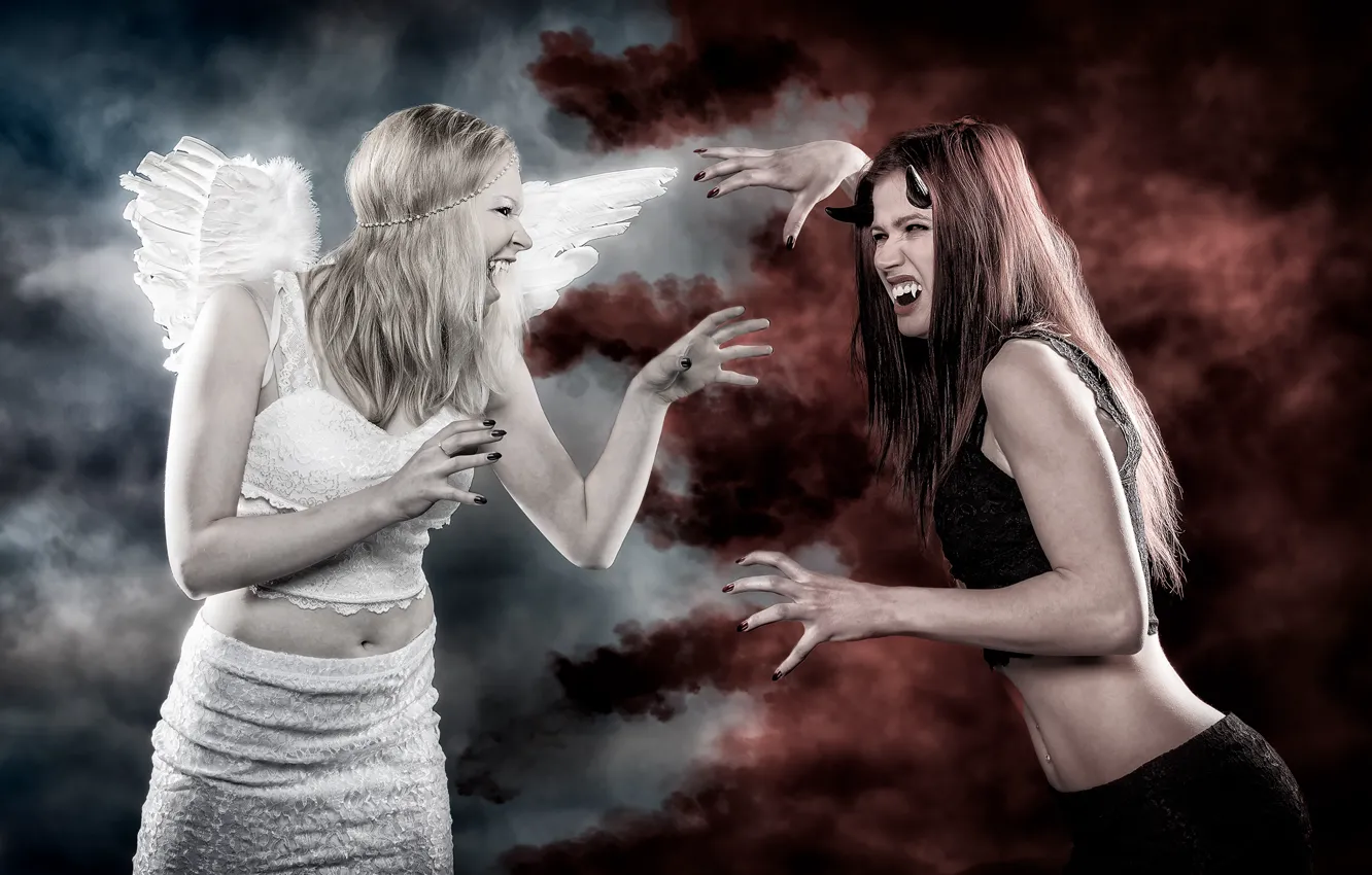 Photo wallpaper background, girls, smoke, wings, the opposition, angel, the demon, fangs