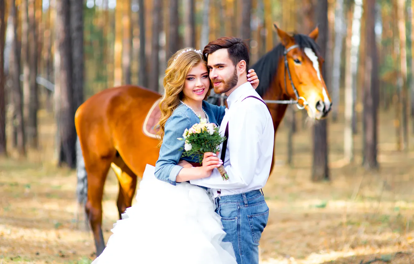 Photo wallpaper forest, girl, trees, nature, horse, bouquet, pair, lovers