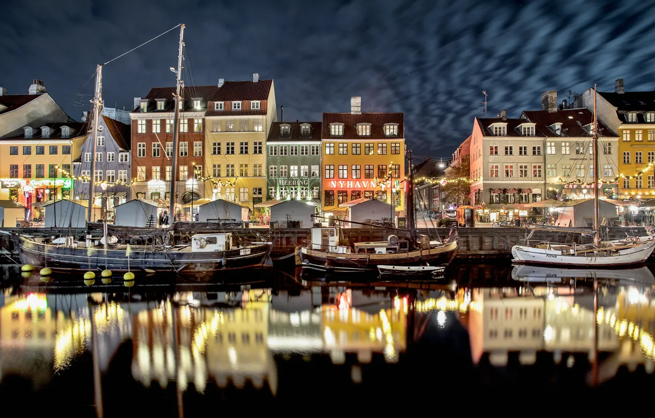 Photo wallpaper night, the city, boat, ship, home, channel, Netherlands