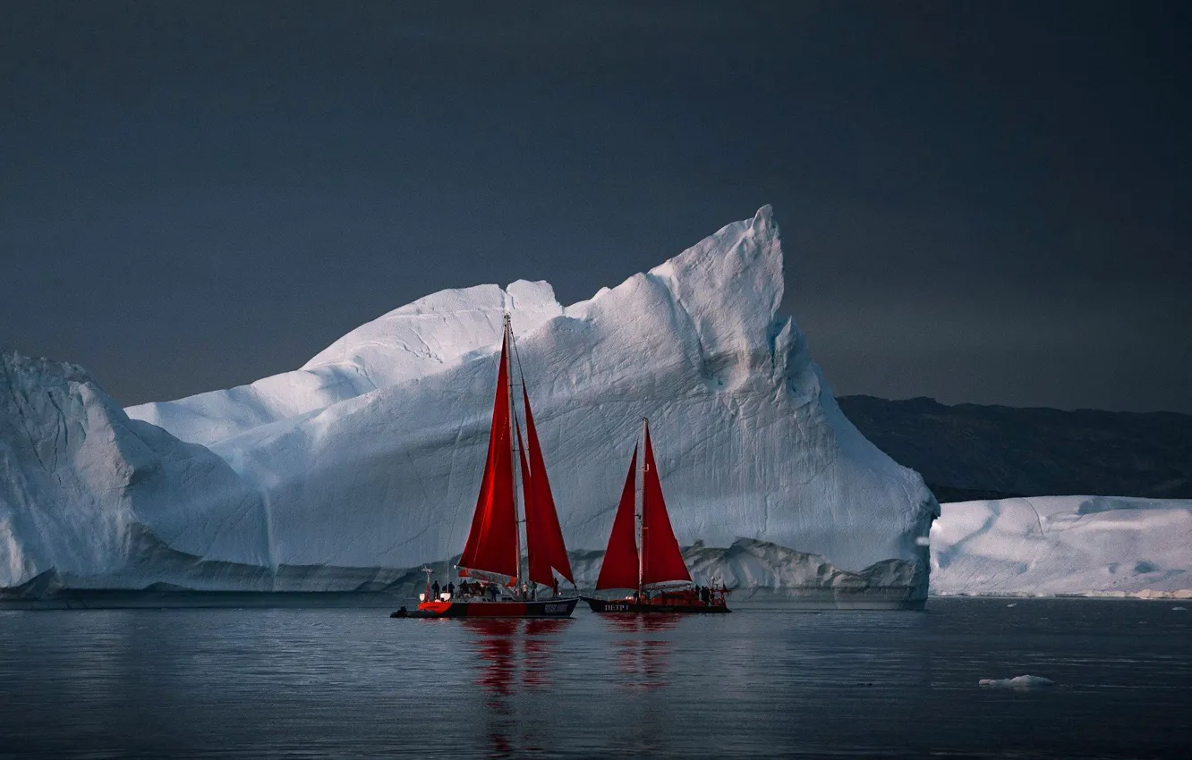 Photo wallpaper sea, yachts, ice, icebergs, scarlet sails, Greenland