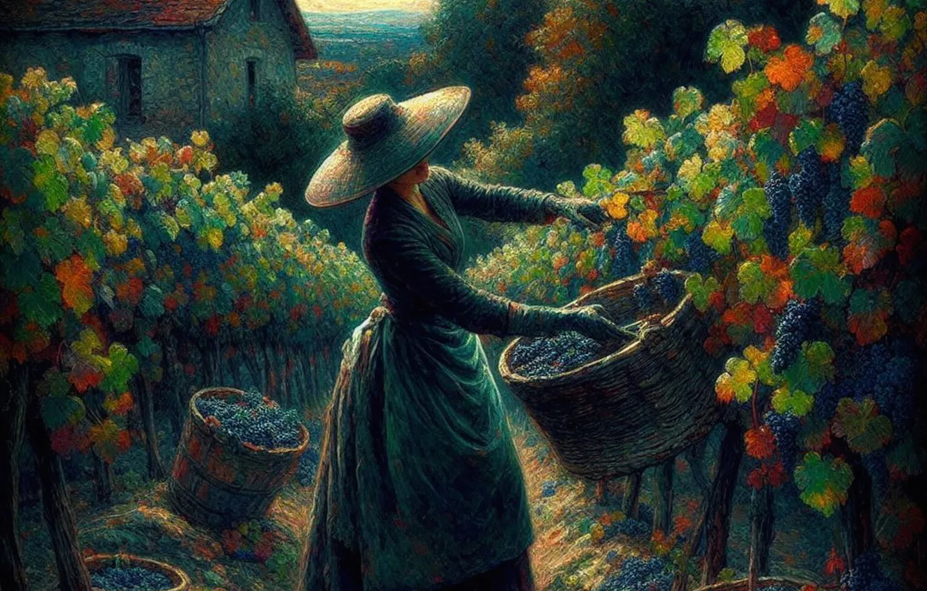 Photo wallpaper summer, girl, retro, home, garden, dress, harvest, grapes
