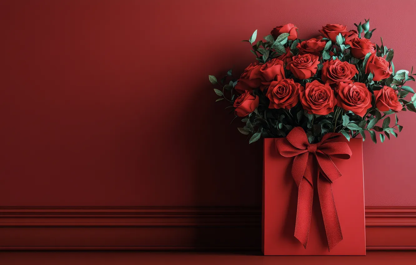 Photo wallpaper flowers, red, birthday, holiday, roses, bouquet, package, bow