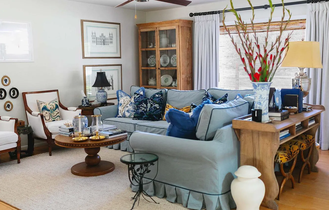 Photo wallpaper flowers, design, style, interior, chair, sofa, living room, living room