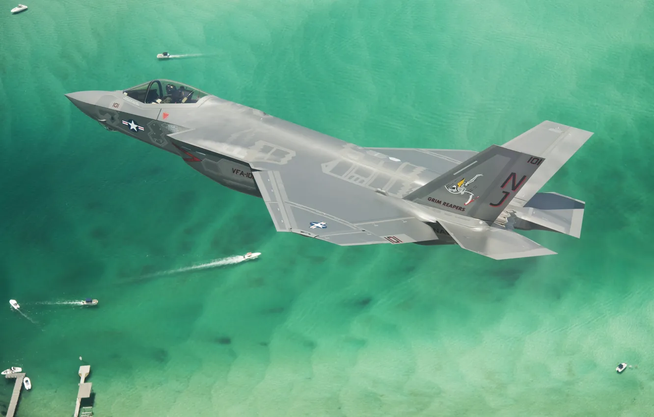 Photo wallpaper sea, flight, fighter, bomber, Lightning II, F-35C, Lockheed Martin