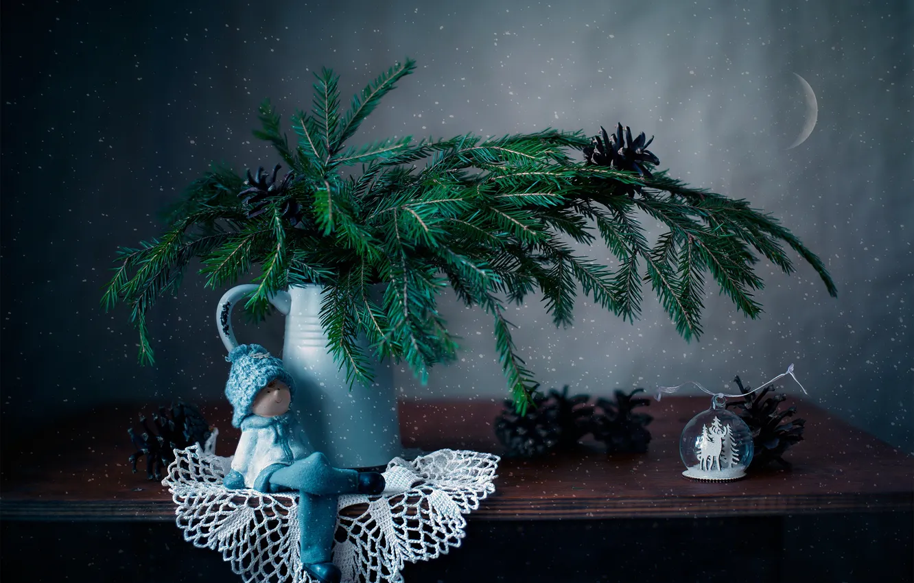 Photo wallpaper branches, holiday, new year, spruce, man, pitcher, still life, bumps