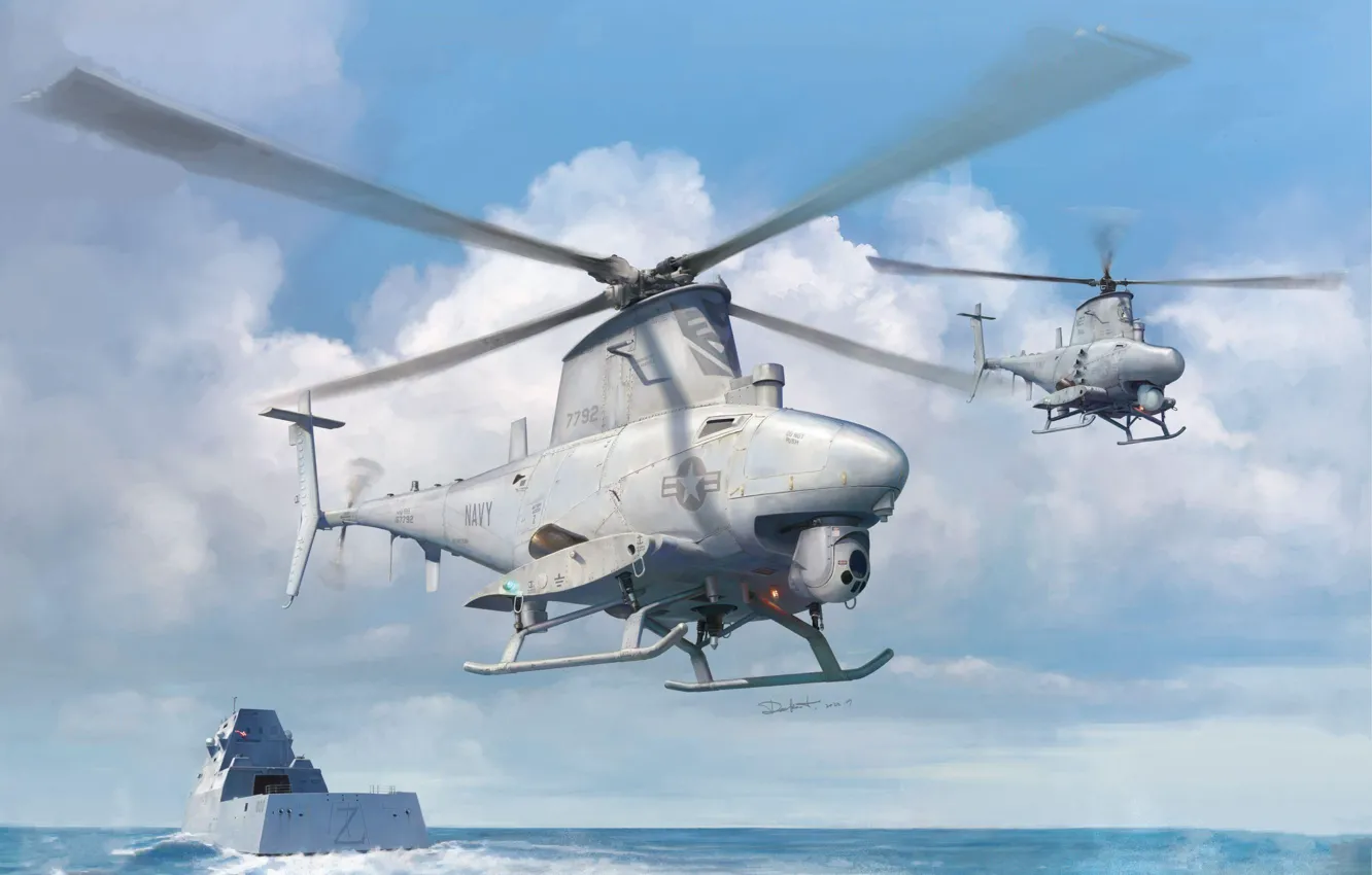 Photo wallpaper USA, drone, UAV, US NAVY, unmanned helicopter, Ju Hesong, MQ-8B Fire Scout, multi-purpose drone