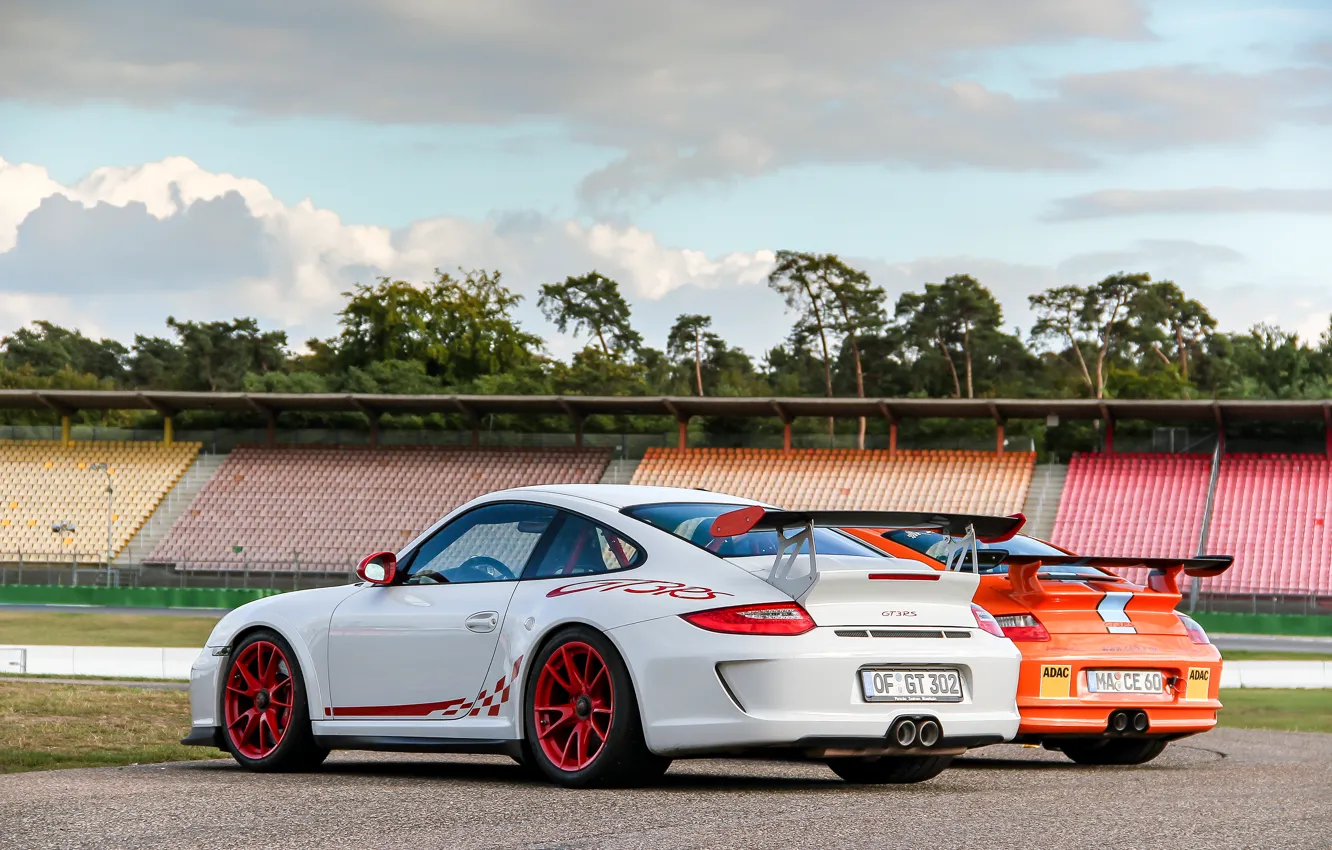 Photo wallpaper white, trees, orange, Porsche, white, Porsche, track, gt3