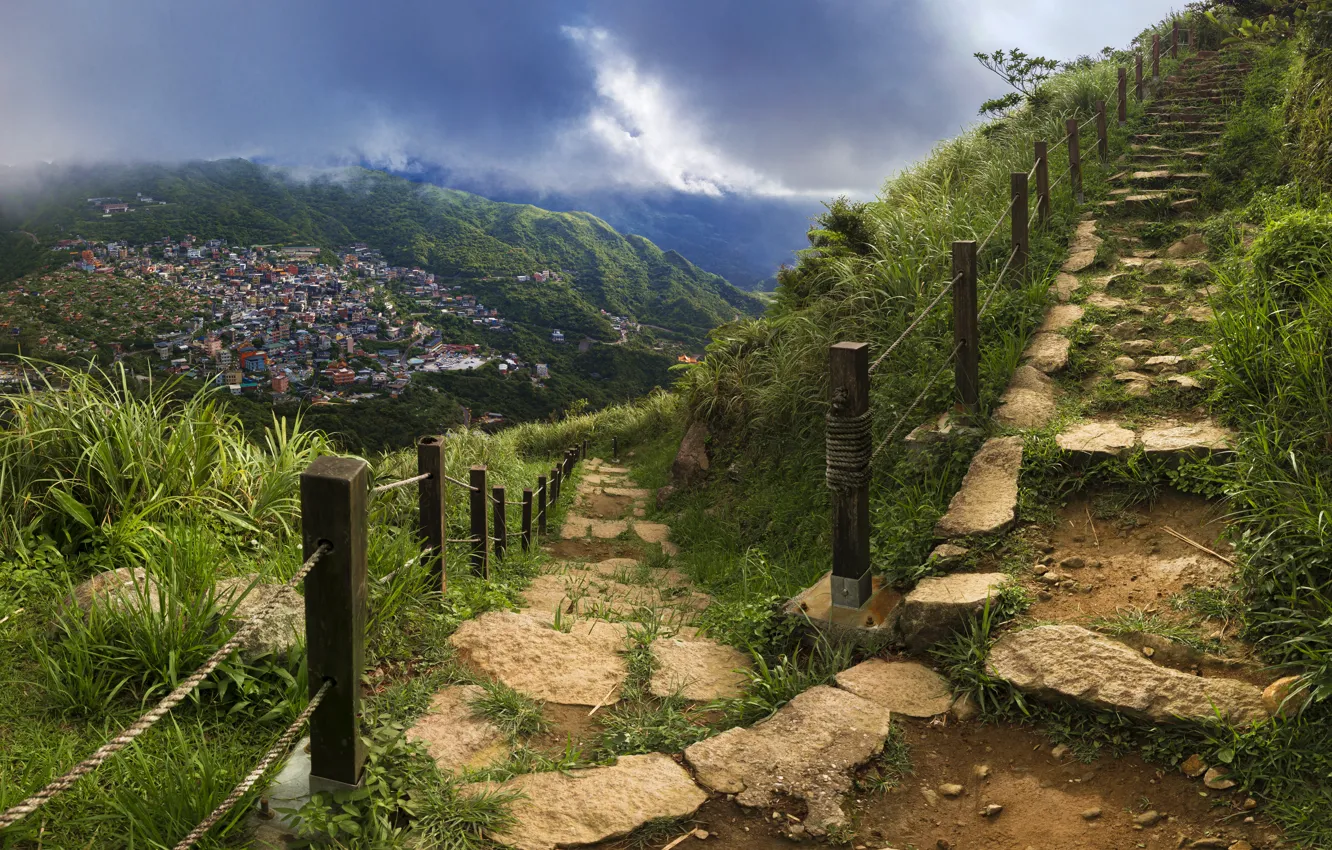 Photo wallpaper the sky, clouds, landscape, mountains, nature, the city, trail