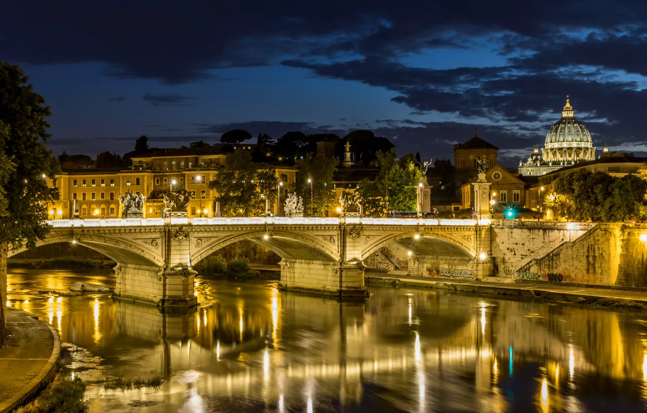 Photo wallpaper night, bridge, lights, river, Rome, Italy, The Tiber