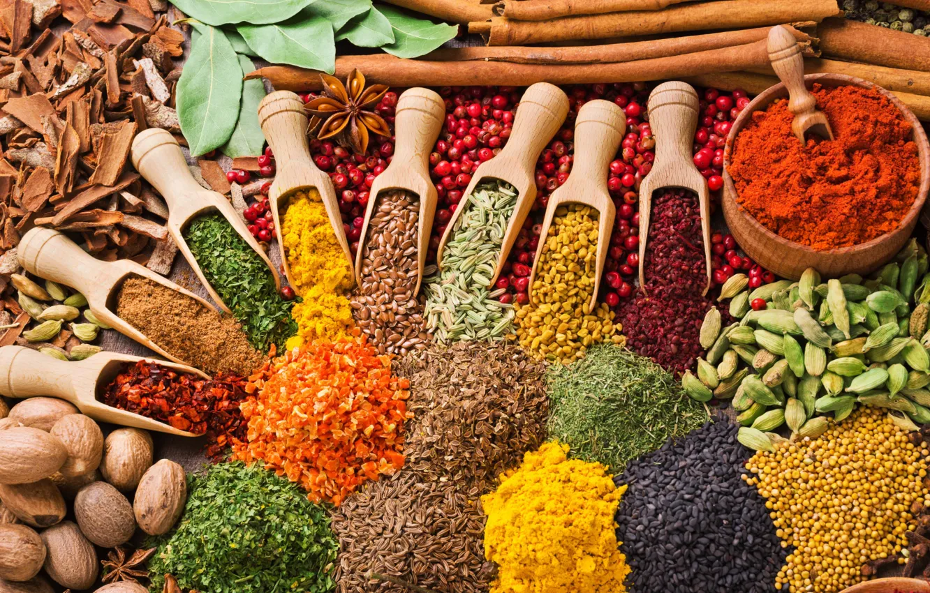 Photo wallpaper Chile, spices, cardamom, cuts, curry, cumin, saffron, mustard