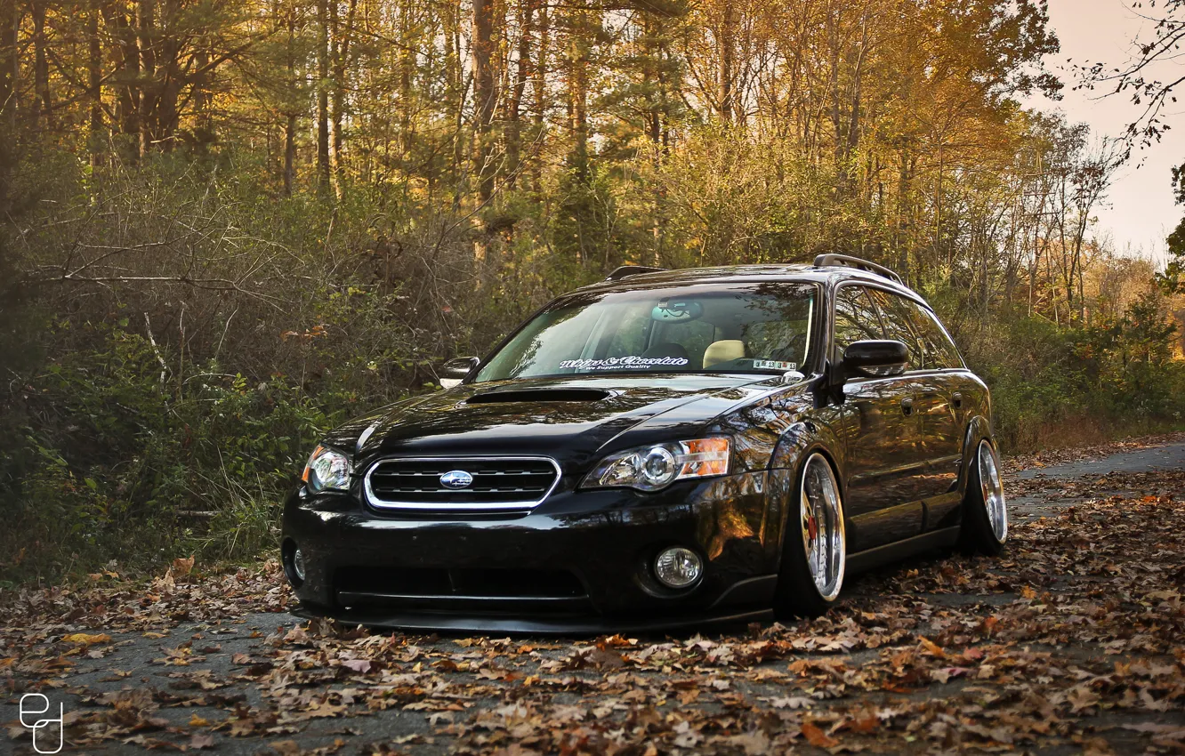 Photo wallpaper autumn, trees, foliage, Subaru, black, Subaru, stance, Outback