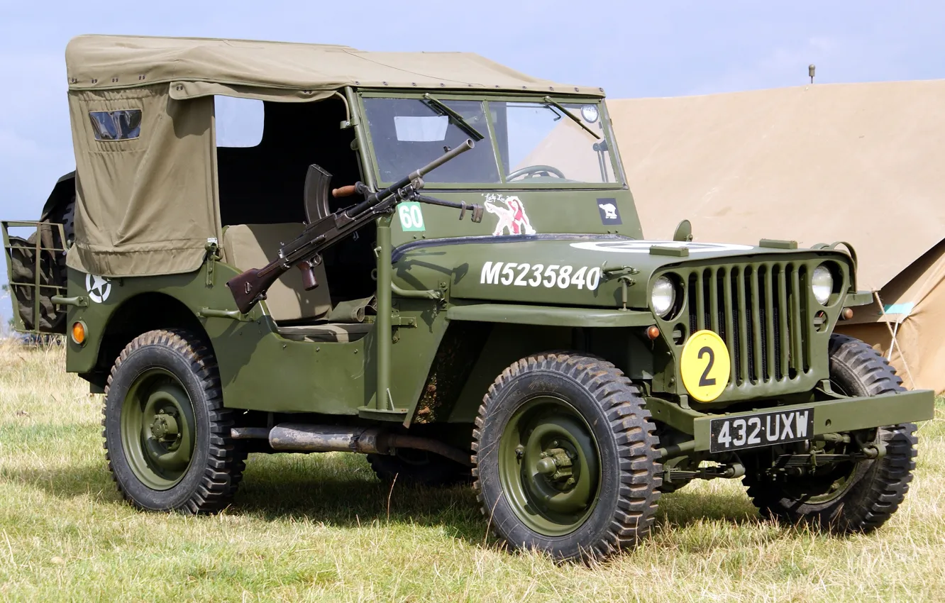 Photo wallpaper grass, war, car, machine gun, army, manual, 1944, Jeep