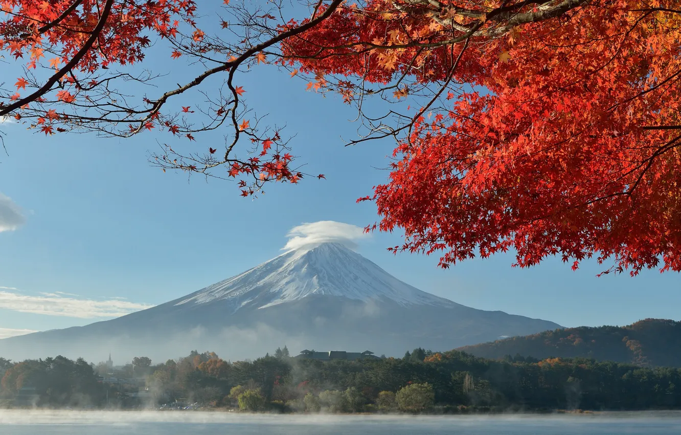 Photo wallpaper autumn, the sky, leaves, trees, lake, Japan, mount Fuji