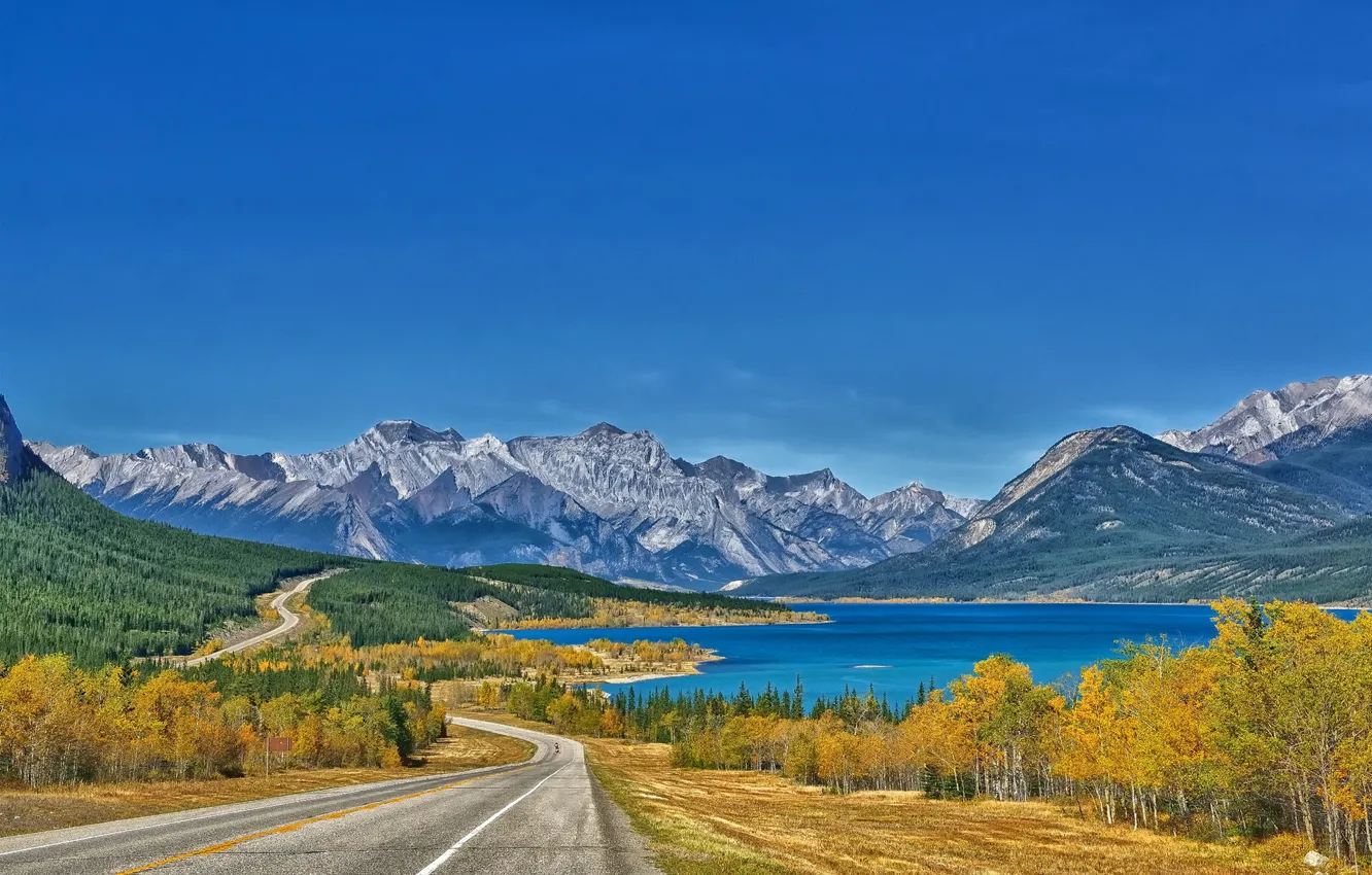 Photo wallpaper road, landscape, mountains, lake, abraham lake