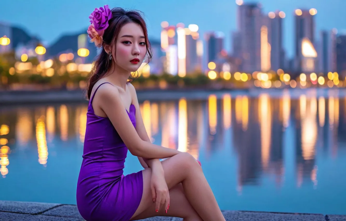 Photo wallpaper the city, skyscrapers, the evening, legs, Asian, flowers in her hair, cutie, the reflection in …
