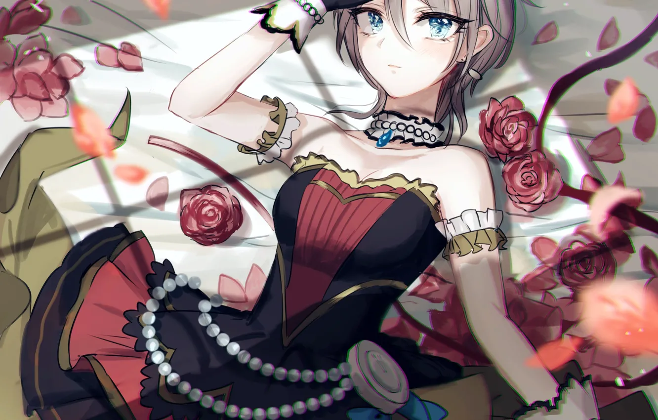 Photo wallpaper girl, rose, sexy, Anastasia, cleavage, dress, boobs, anime