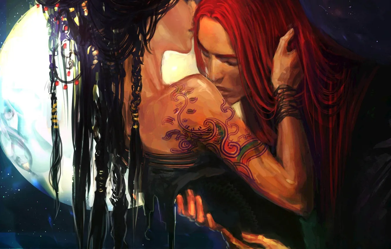 Photo wallpaper girl, night, the moon, kiss, art, guy, two, anndr