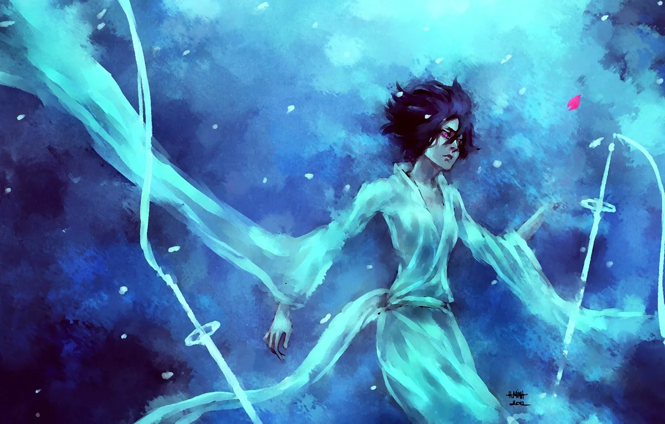 Photo wallpaper girl, weapons, sword, petals, Bleach, Bleach, art, ribbon