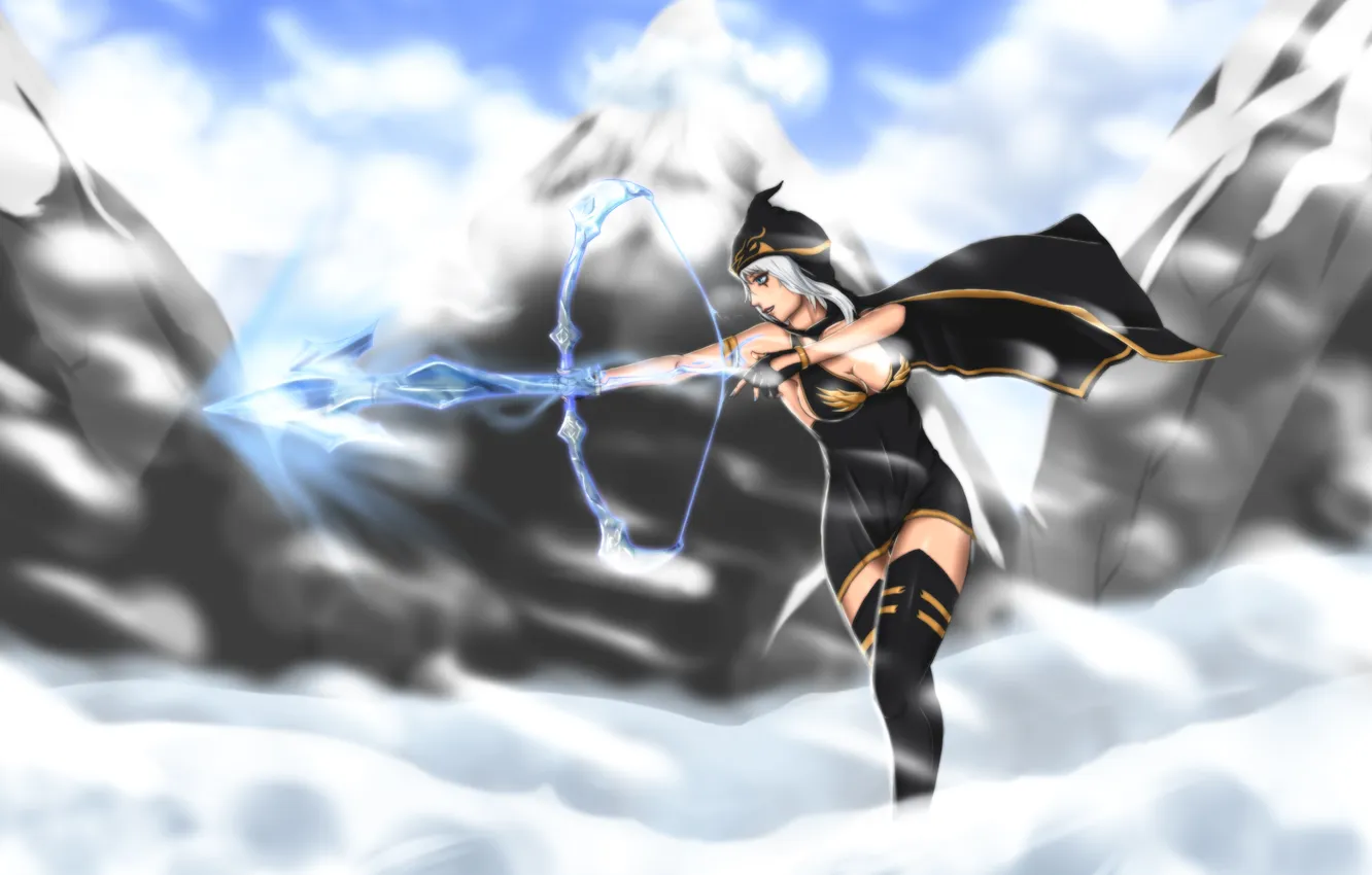 Photo wallpaper winter, chest, look, girl, mountains, weapons, bow, hood