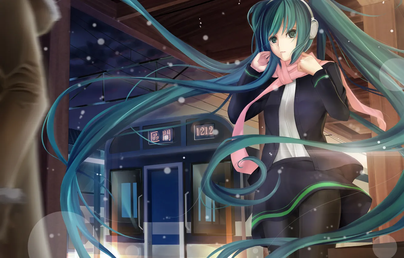 Photo wallpaper cold, winter, sadness, look, girl, train, headphones, the platform