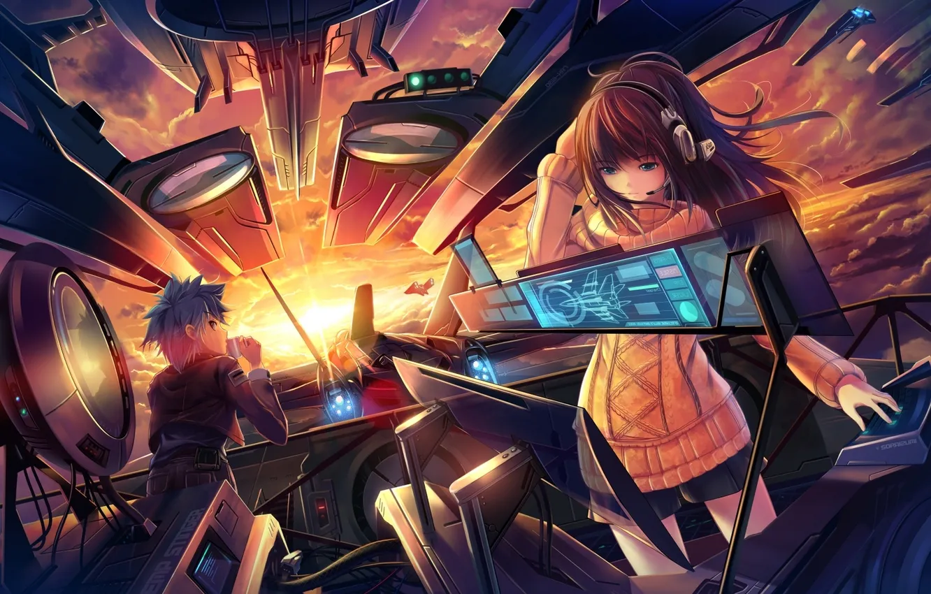 Photo wallpaper the sky, girl, the sun, clouds, sunset, ship, anime, headphones