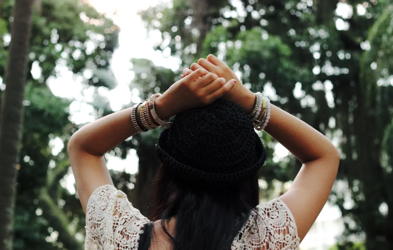 Photo wallpaper black, hat, hands, brunette, bracelet