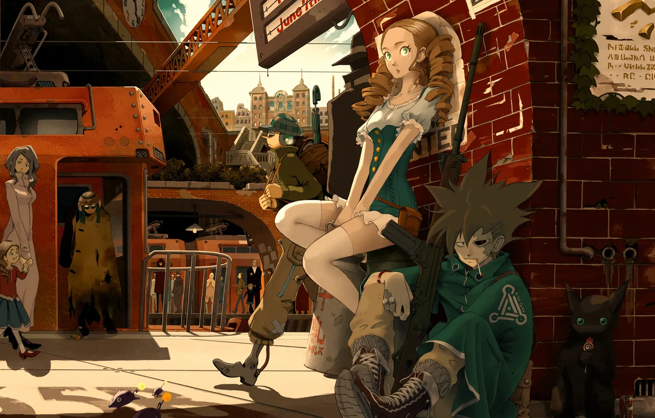 Photo wallpaper cat, girl, weapons, station, candy, guy