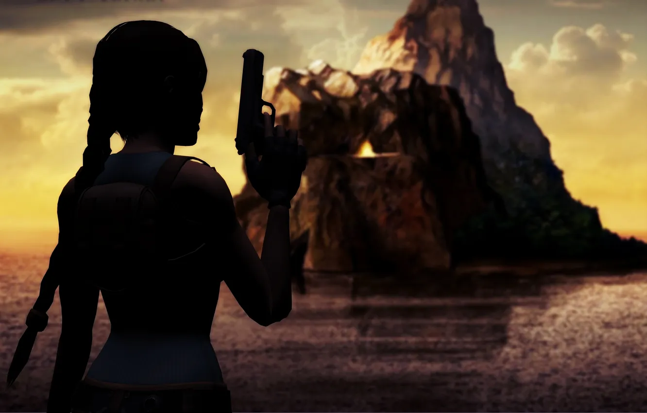 Photo wallpaper sea, the sky, girl, clouds, gun, weapons, rocks, hair